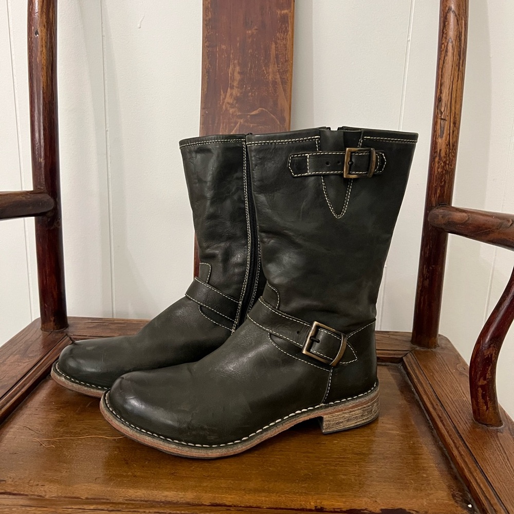 Gidigio Olive Green/Grey/Black Mid-Calf Biker Boots, Size 39